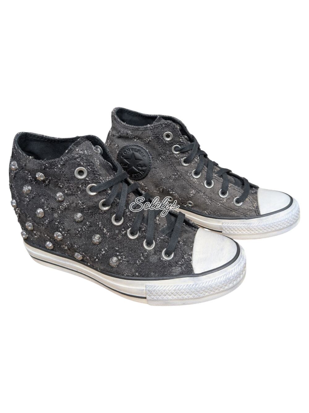 Converse 2015 RARE Lux Mid Hidden Wedge Lurex Star Stud Distressed Sneaker 7.5